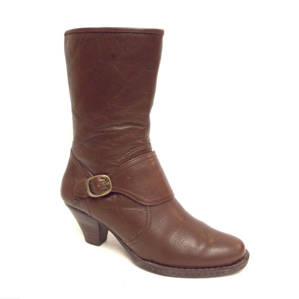 BORN Brown Leather Buckled Mid Heel Ankle Boots 9